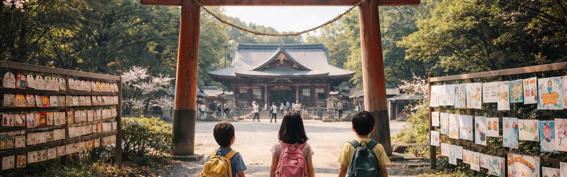 神社の境内で子どもとアーティストが活動する三位一体の風景