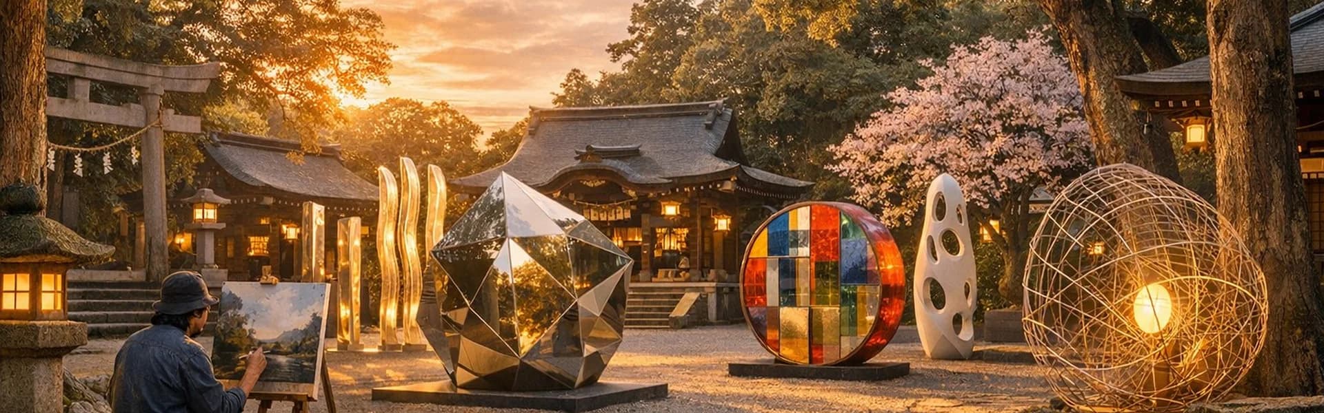 アーティストが神社の境内で作品を制作・展示している風景