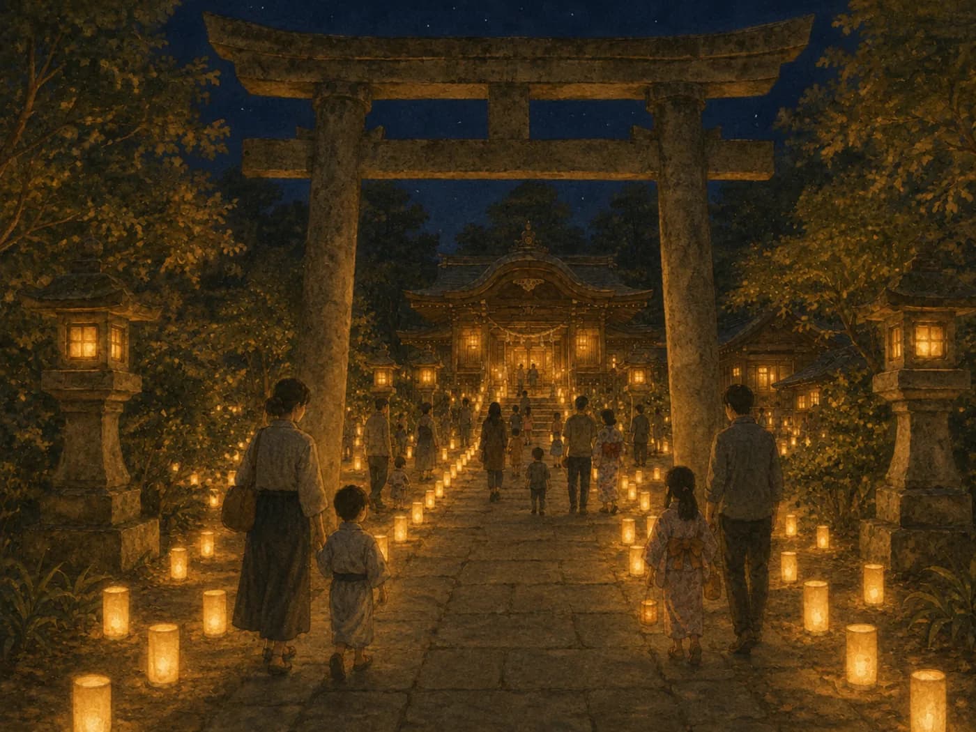 開催当日の会場の様子：点灯後の参道。同じ場所とは思えない、と宮司が笑った（水彩によるイメージ・実写ではありません）