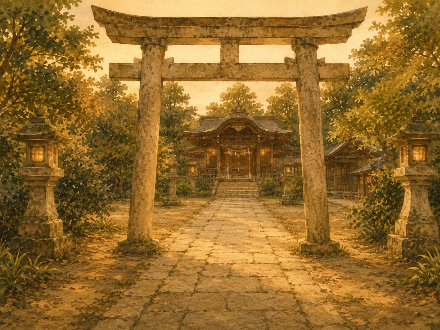 通常時の会場の様子：ふだんの参道。夕方には人通りが絶える（水彩によるイメージ・実写ではありません）