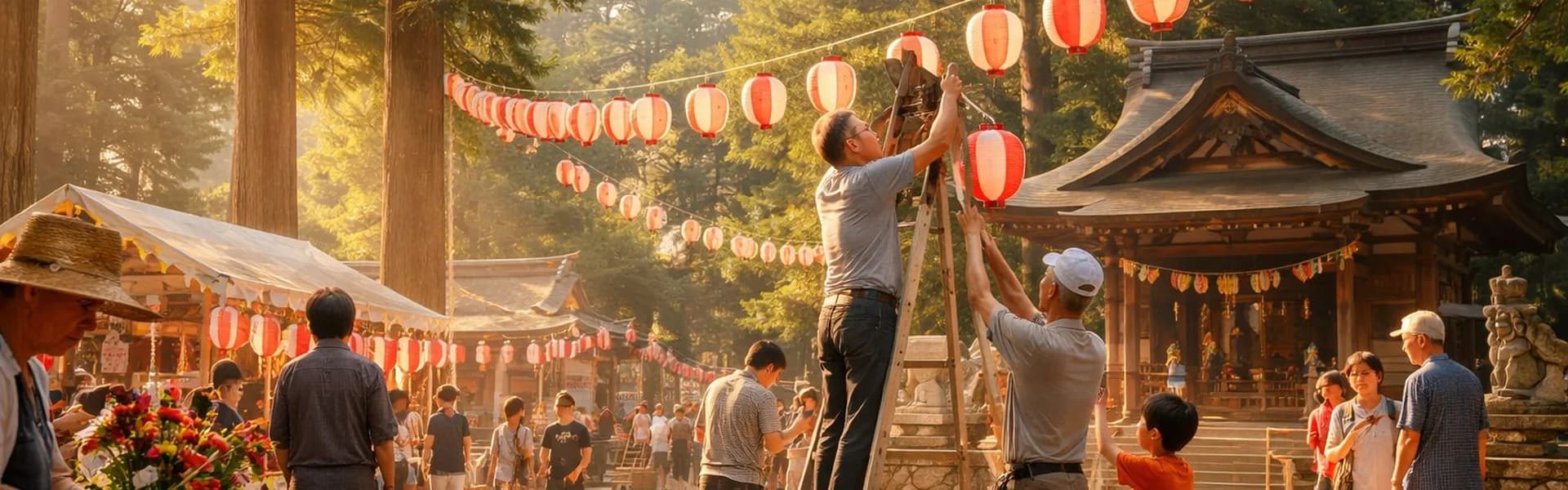 地域住民が集まる神社の境内・祭りの準備風景