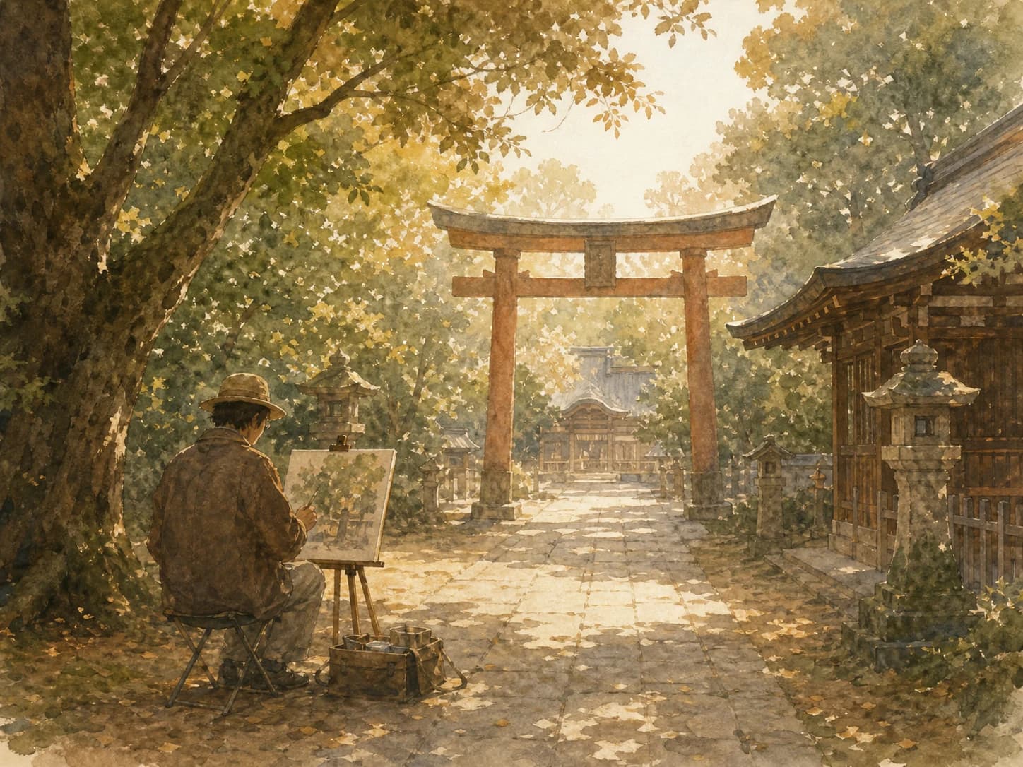 神社の境内で作品を制作・発表するアーティストの水彩イラスト