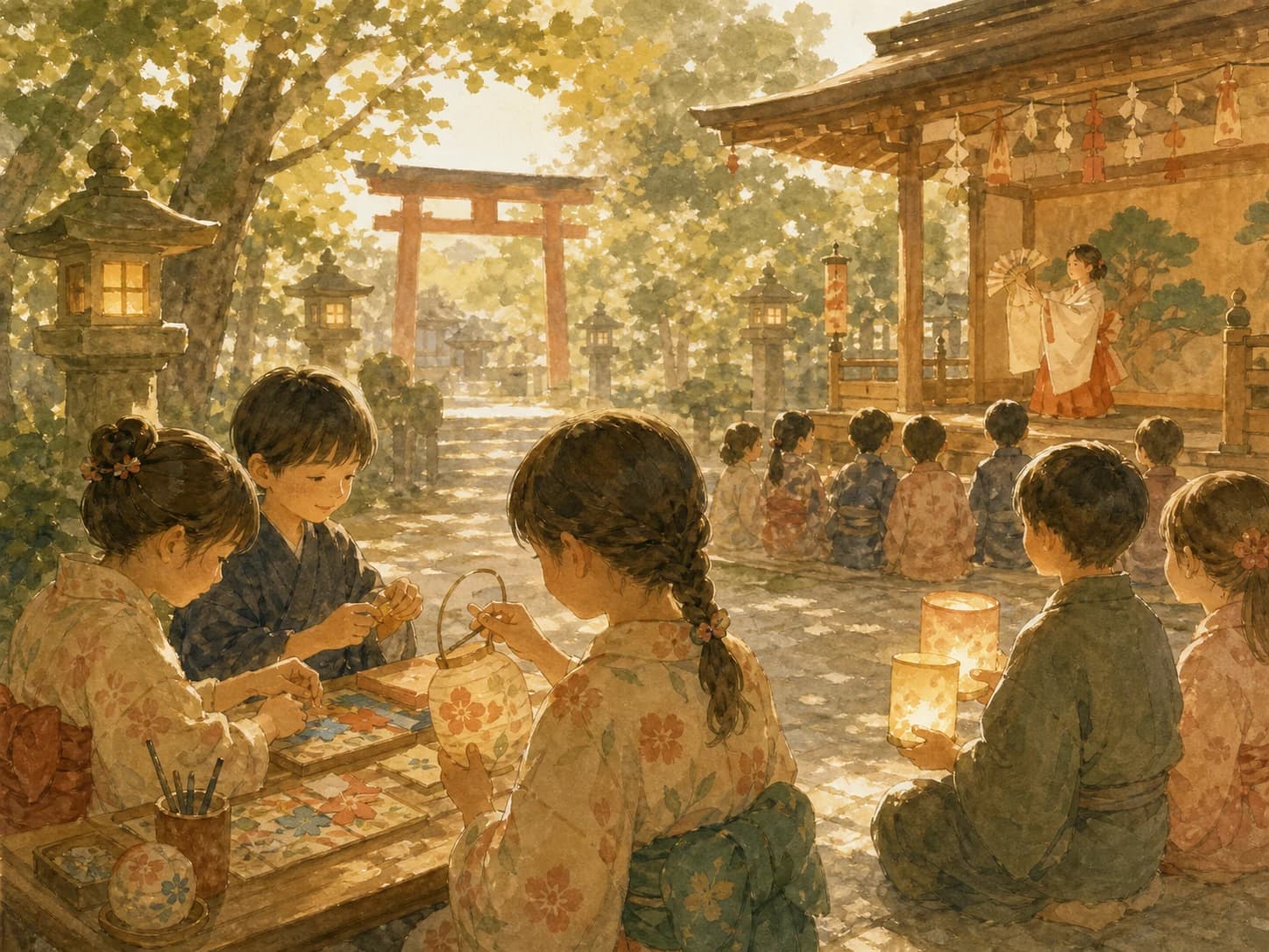 神社で文化体験を楽しむ子どもたちの水彩イラスト