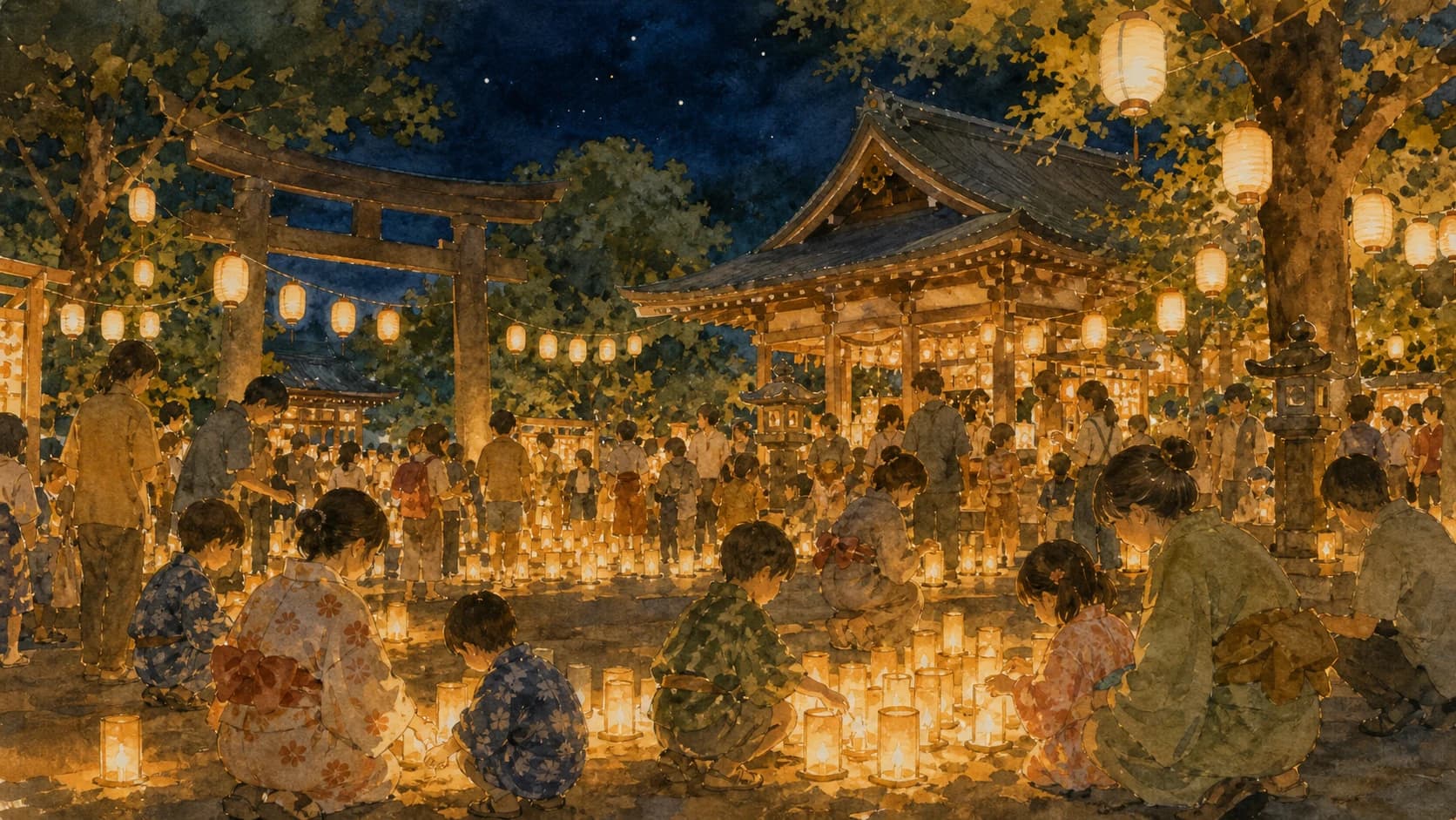 夜の神社で多くの人と子どもが集い、無数のキャンドルが灯る賑わいの水彩イラスト