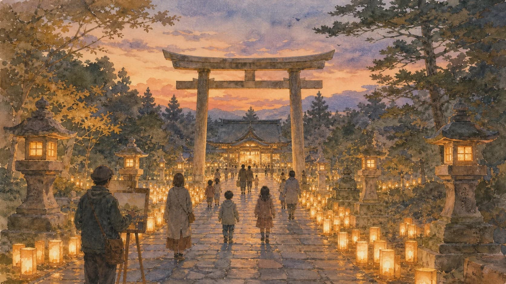 夕暮れの神社の参道に灯る無数のキャンドルと、集う人々の水彩イラスト