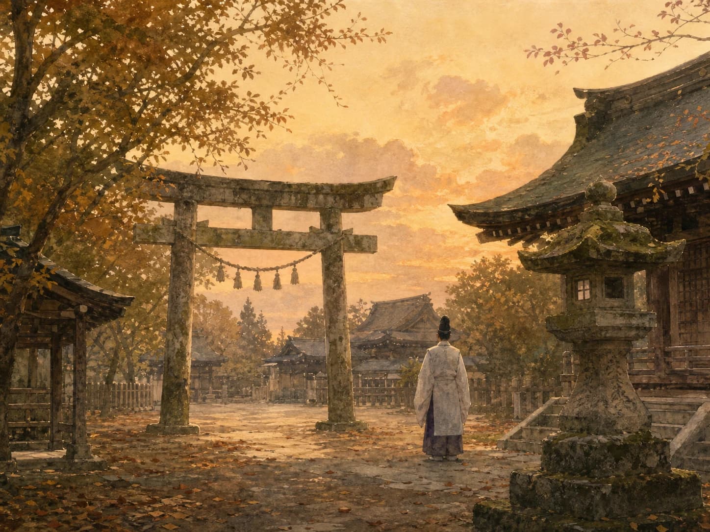 夕暮れの静かな神社の境内を見つめる宮司の水彩イラスト